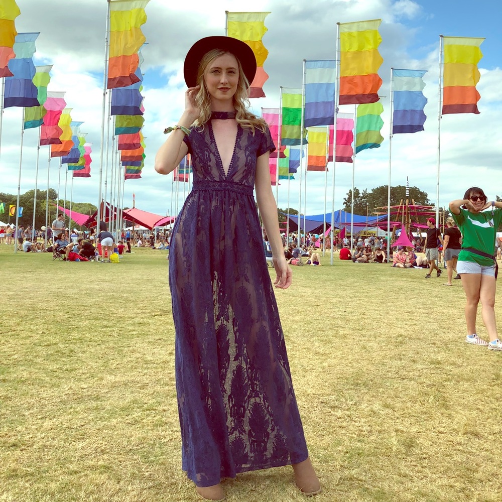 Long Navy Blue Lace Dress with Nude Bodysuit